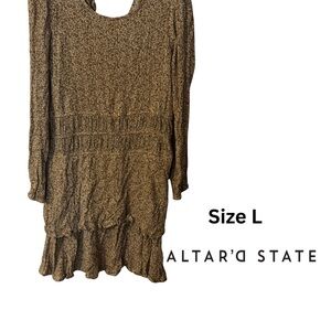 Altar'd State Dress Brown Animal Print Long Sleeve Ruffle Size L EUC